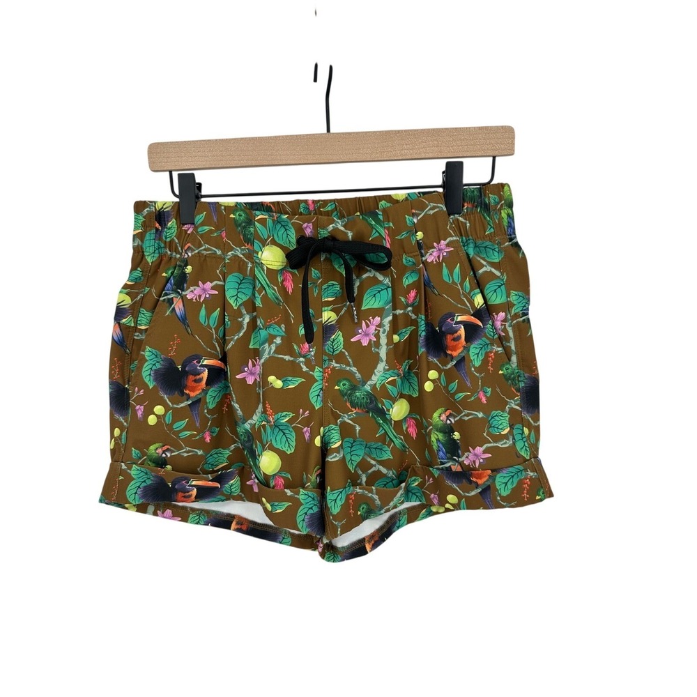 Kavu Shorts Womens Small Brown Tropical Bird Toucan Parrot Print Elastic Waist